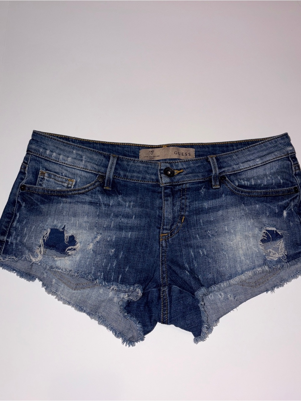 GUESS Distressed Blue Denim Jean Shorts with Frayed Hem